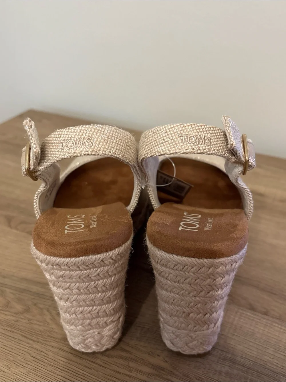 NWT TOMS Cream Canvas Peep-Toe Slingback Espadrille Wedges